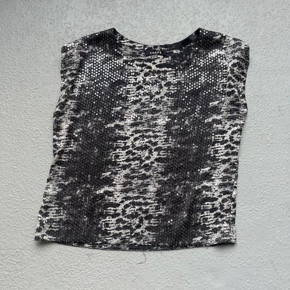 Chaus Sequin Top Sleeveless Animal Print Party Sparkle Blouse Large